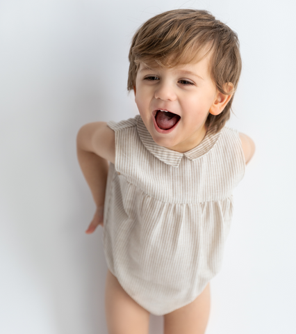 Baby Linen Striped Collar Romper - Beige