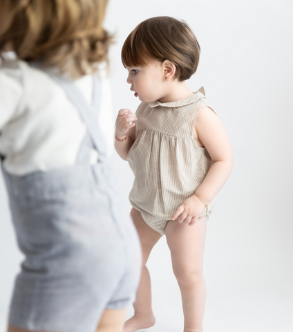 Baby Linen Striped Collar Romper - Beige