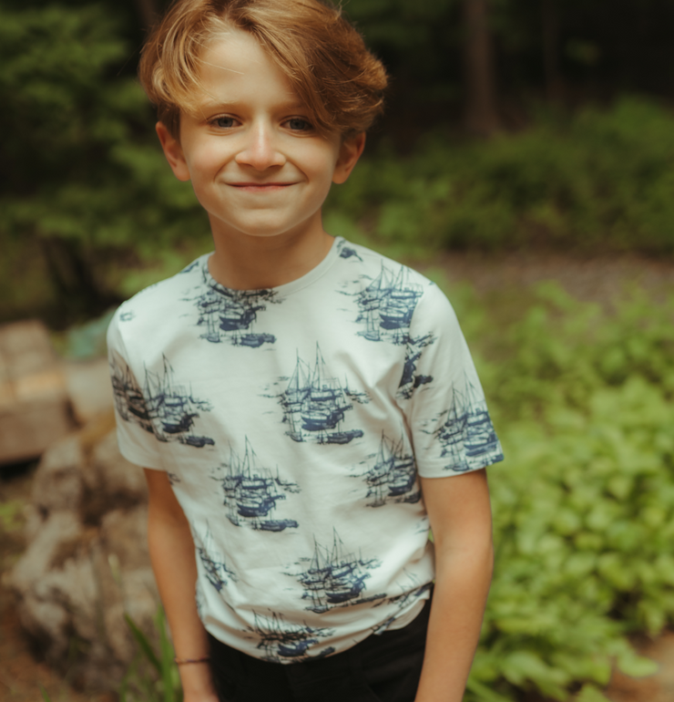 Pencil sketch boat print short sleeve top
