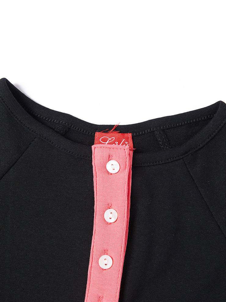 Front Buttons Top - Black Combo Pink