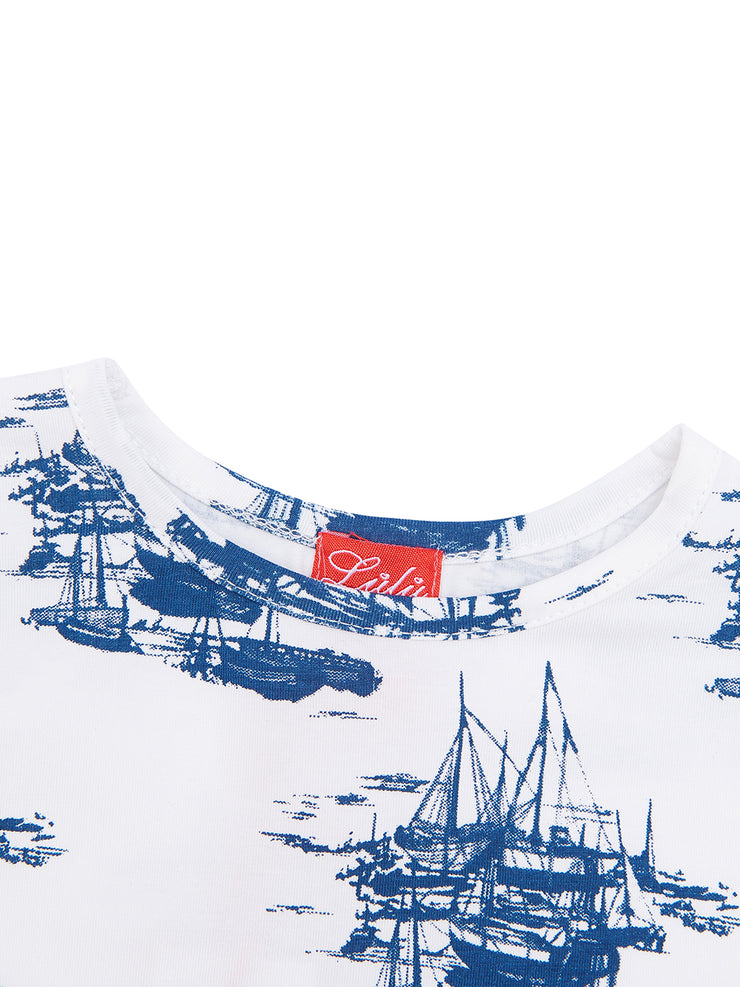 Pencil sketch boat print short sleeve top