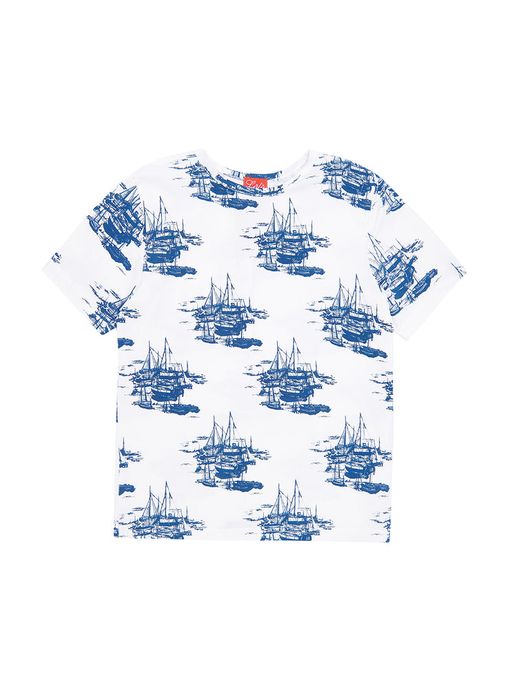 Pencil sketch boat print short sleeve top