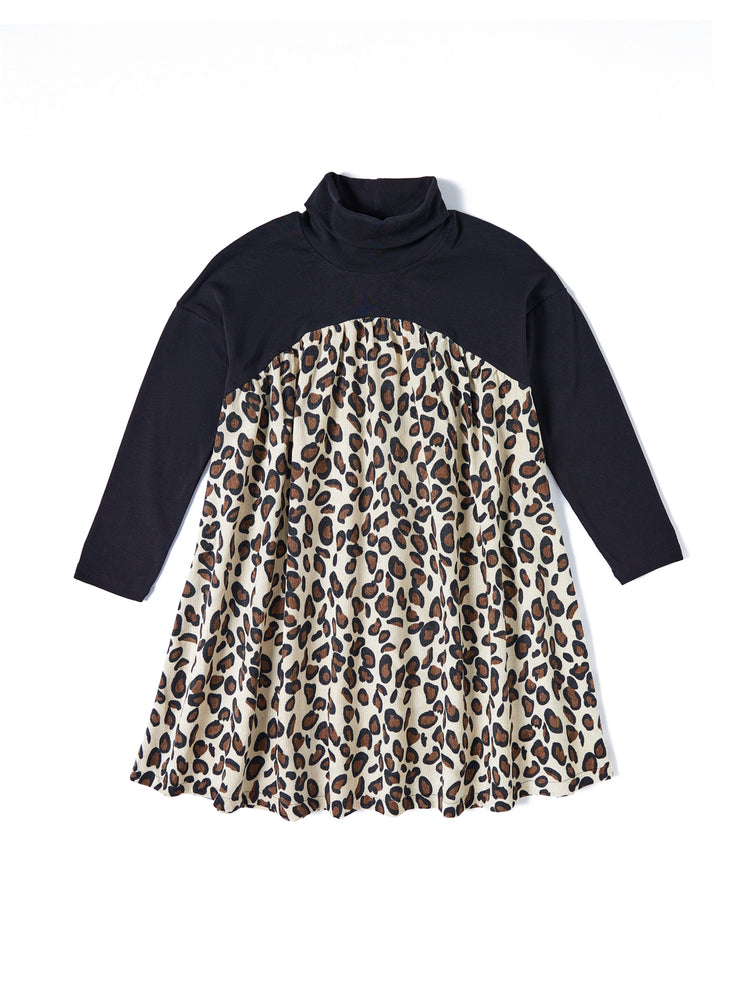 Corduroy Leopard Dress - Black/Beige