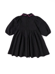 Collar Piping Textured Dress - Black