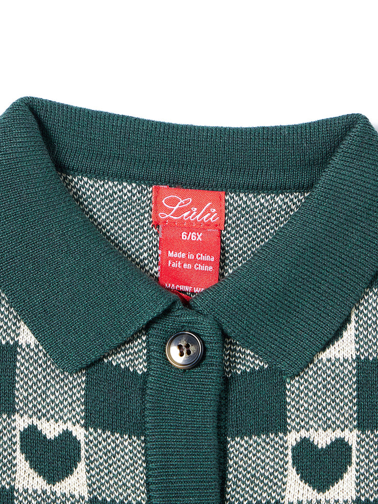 Check Hearts Collar Cardigan- Forest Green