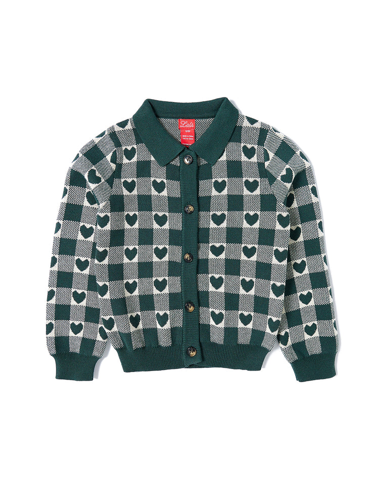 Check Hearts Collar Cardigan- Forest Green