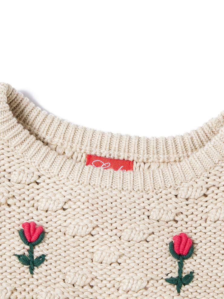 Raised Flowers Ribbed Sweater - Lt. Cream Mix