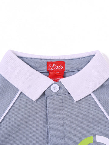 Side Print Short Sleeve Polo - Stone Blue