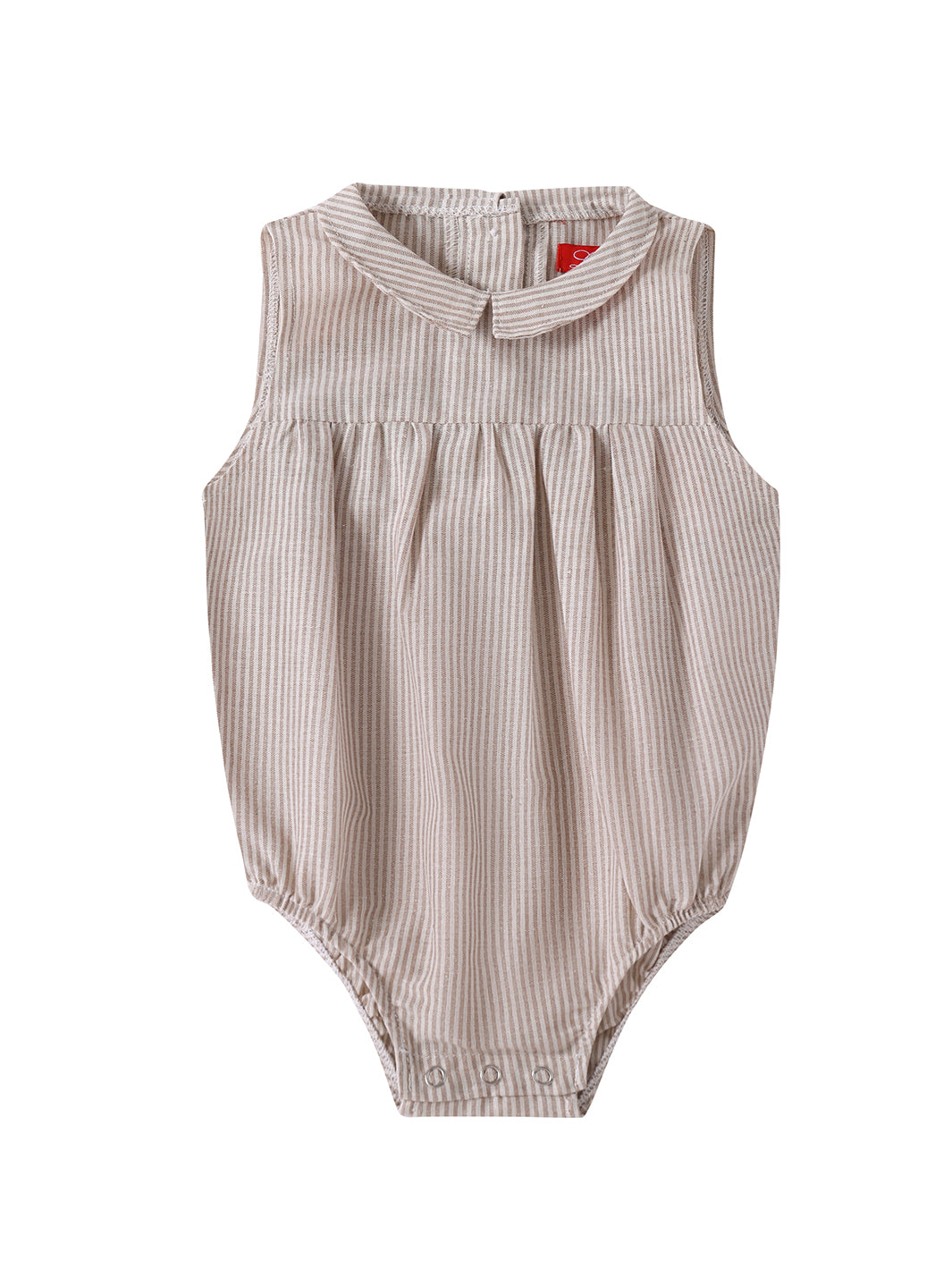 Baby Linen Striped Collar Romper - Beige