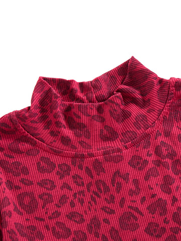 Leopard Mock Neck T-Shirt - Burgundy