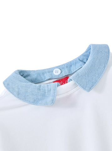 Detachable Denim Collar Top - White/Pale Denim Blue
