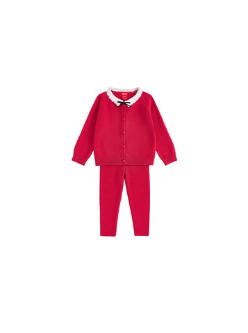 Knitted Scallop Mohair Collar Set - Red Mix