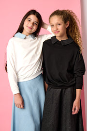 Detachable Denim Collar Top - White/Pale Denim Blue