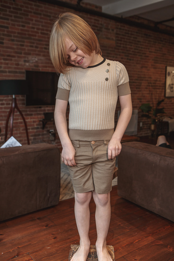Short Sleeve Bib Buttons Sweater - Med. Beige