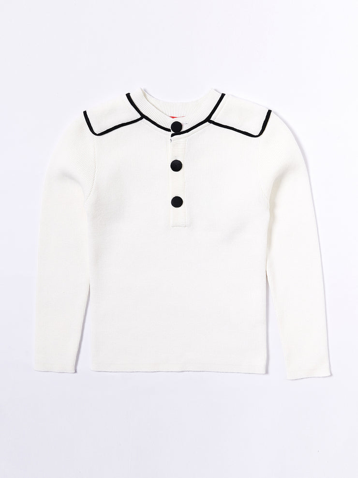 Velvet Trim Sweater - Off White