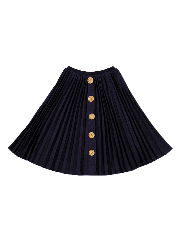Accordion Pleats Wood Button Skirt - Navy