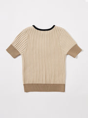 Short Sleeve Bib Buttons Sweater - Med. Beige