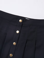 Wide Pleats Front Buttons Skirt - Black