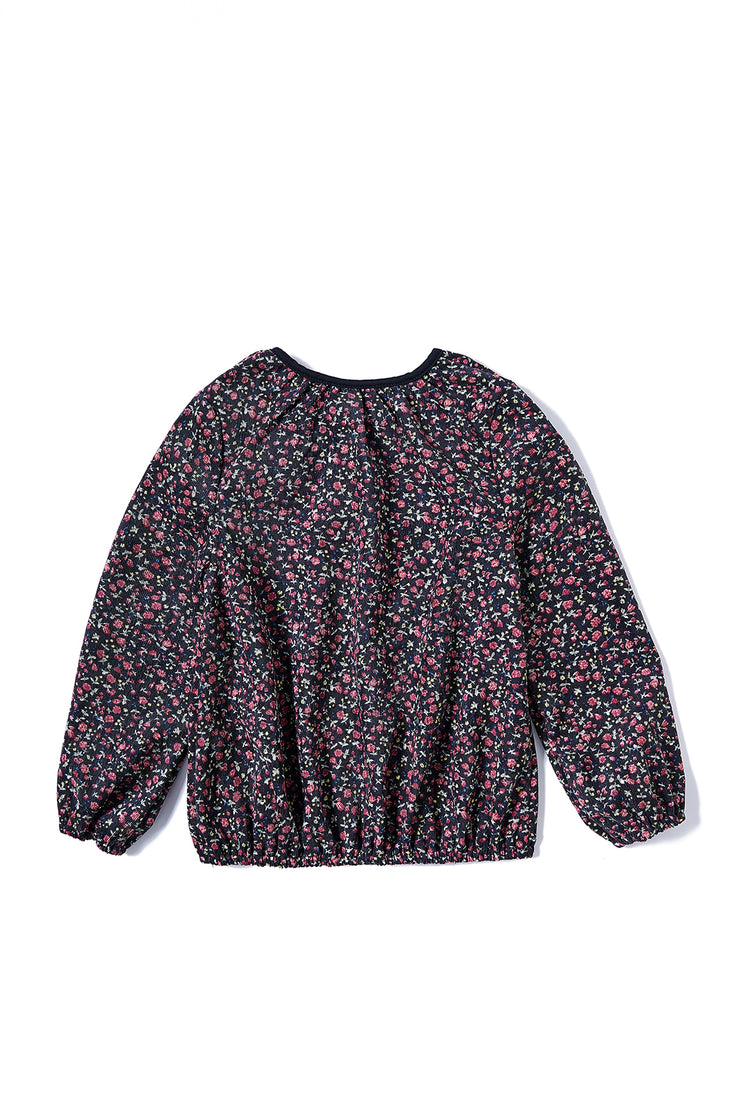 Gathered Neck Floral Corduroy Top - Black