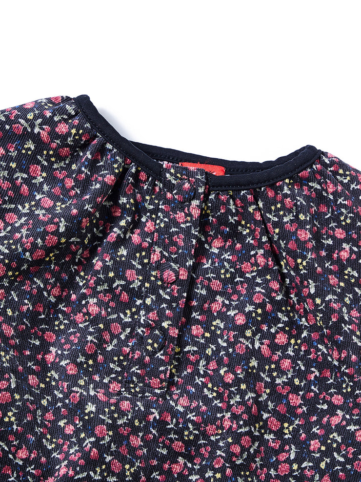 Gathered Neck Floral Corduroy Top - Black