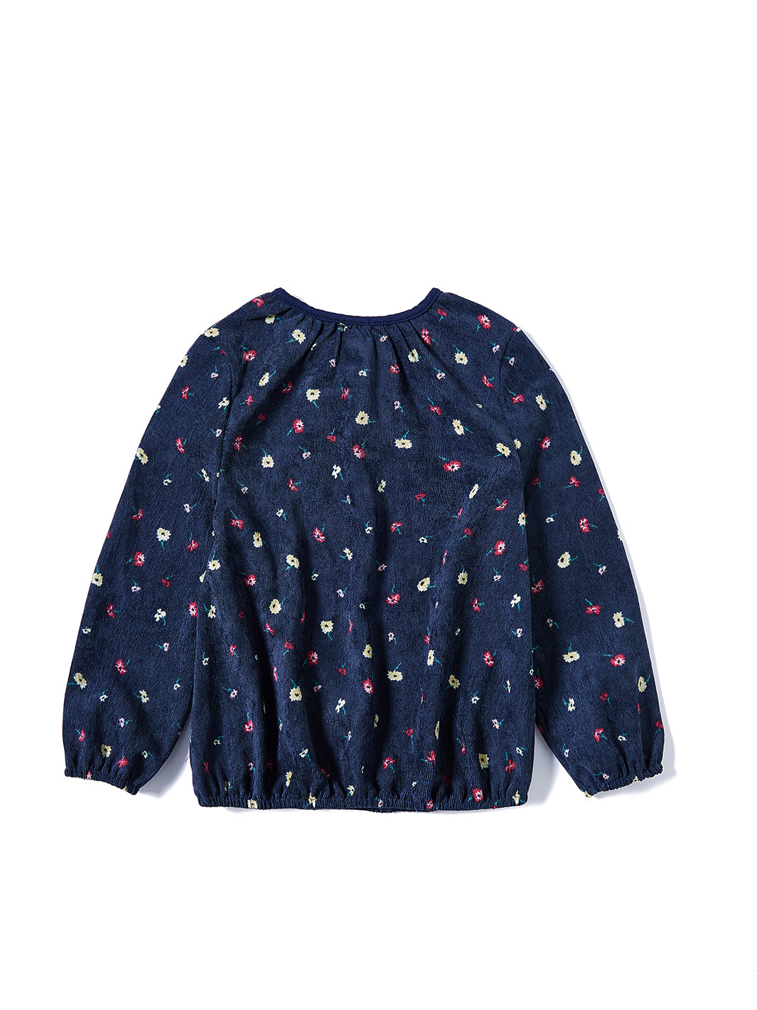 Gathered Neck Floral Corduroy Top - Navy