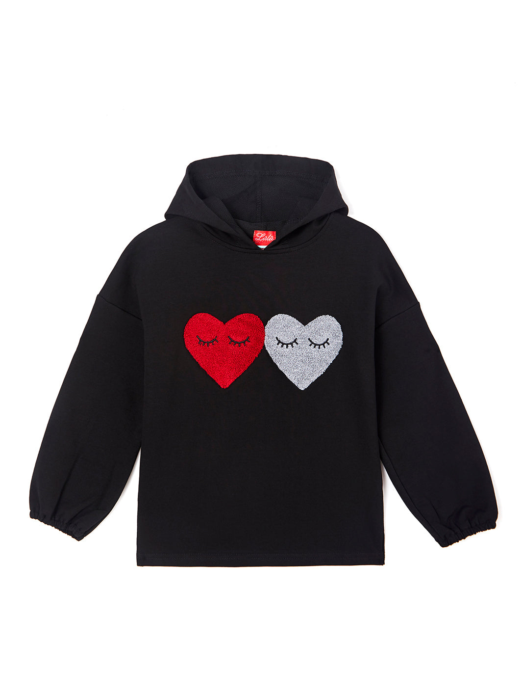 Terry Heart Applique Hooded  Top - Black