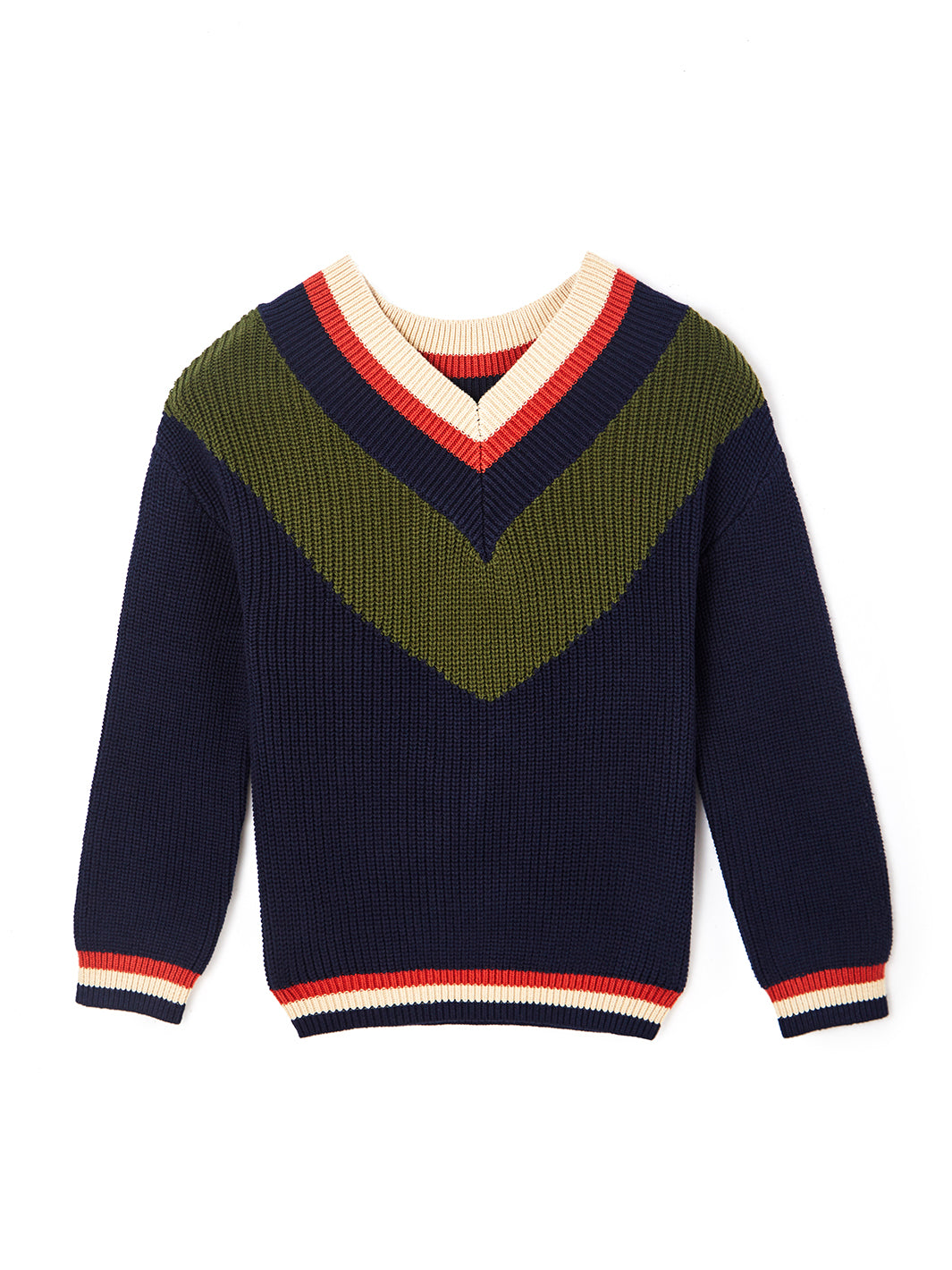 Wide Rib Striped V-neck Sweater