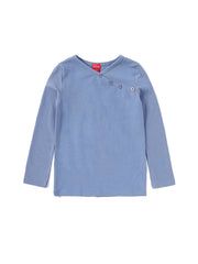 Solid Rib V-shape Placket Long Sleeves T-shirt - Deep Blue