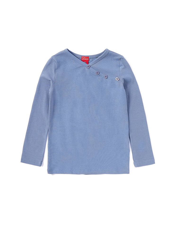 Solid Rib V-shape Placket Long Sleeves T-shirt - Deep Blue