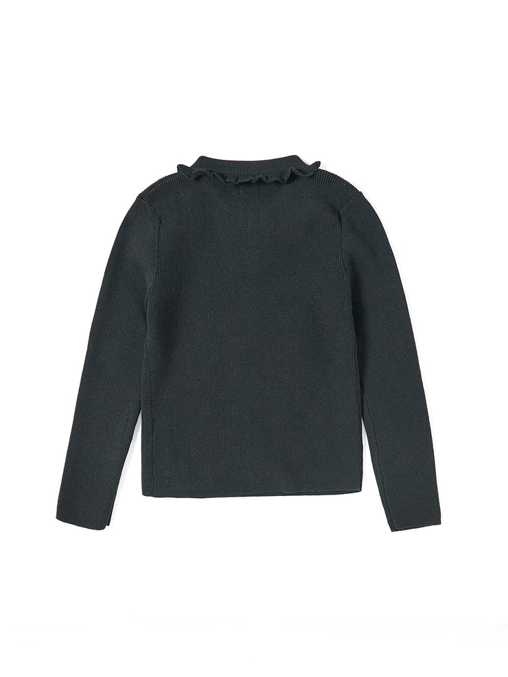 Solid Ruffle Collar Placket Sweater - Black