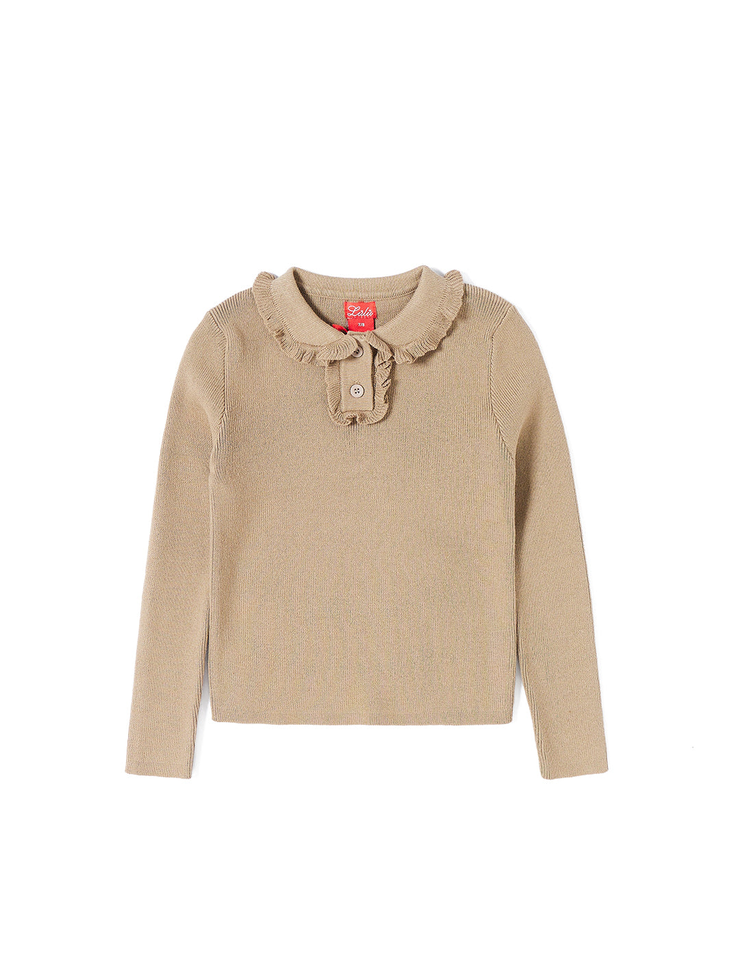 Solid Ruffle Collar Placket Sweater - Smoky Beige