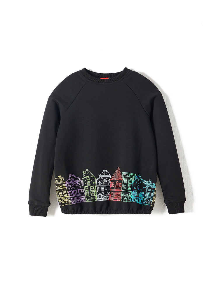 Rib Neck Outline House Print Top