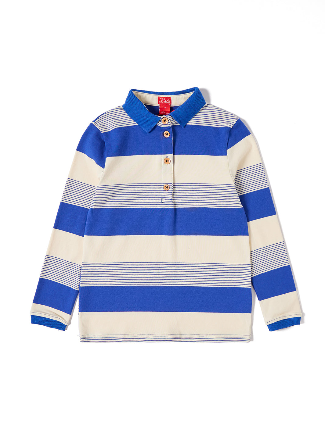 Stripe Long Sleeve Polo - Royal Blue/Off White
