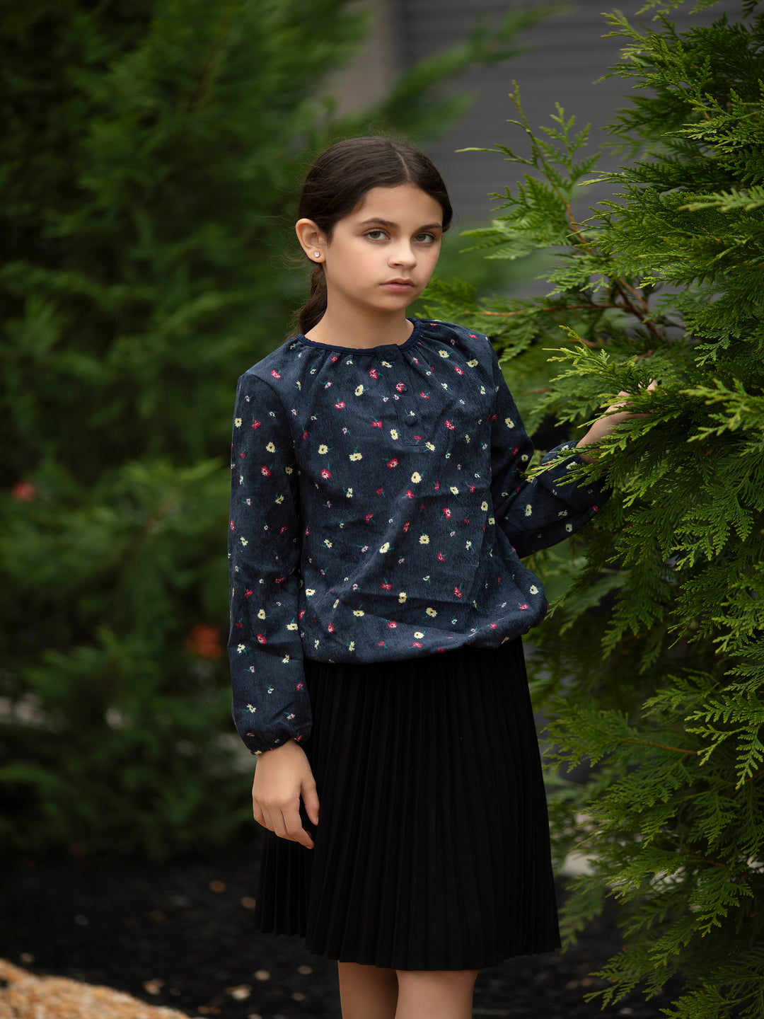 Gathered Neck Floral Corduroy Top - Navy