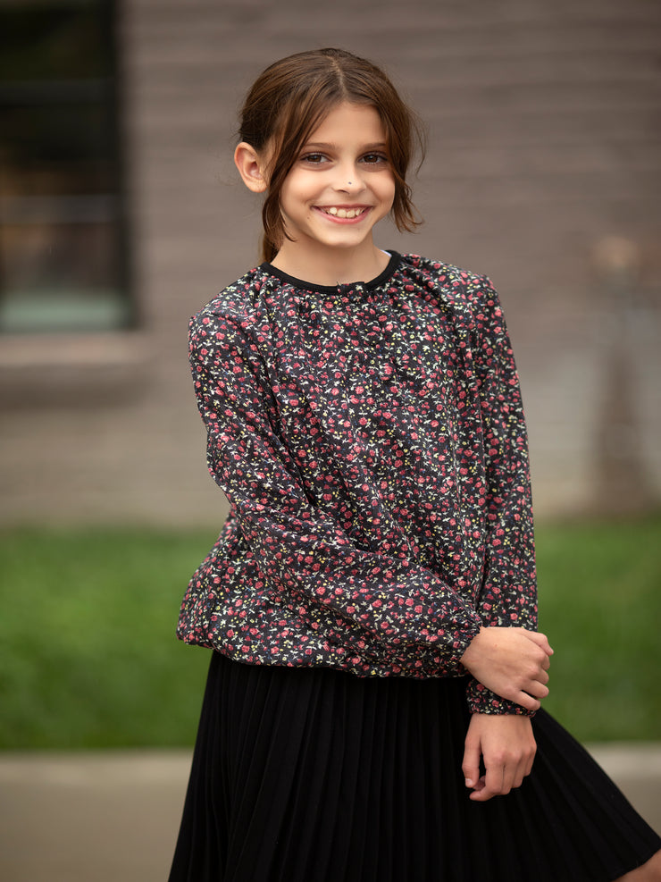 Gathered Neck Floral Corduroy Top - Black