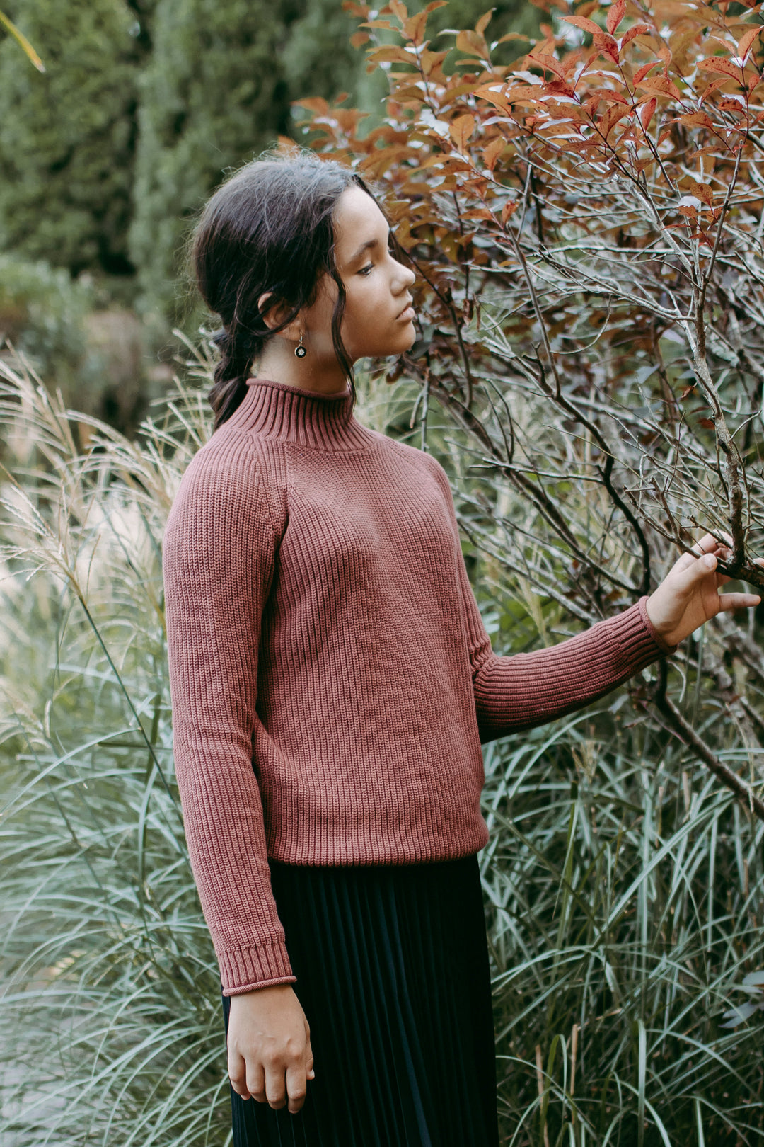 Solid Curled Mock Neck Sweater - Rust Brown