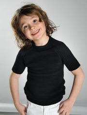 Ottoman Rib Knit Body Short Sleeve Sweater - Black