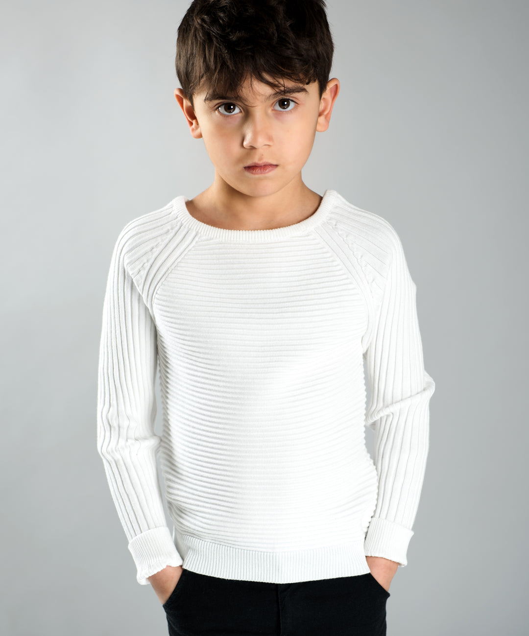 Ottoman Rib Knit Body Long Sleeve Sweater - White