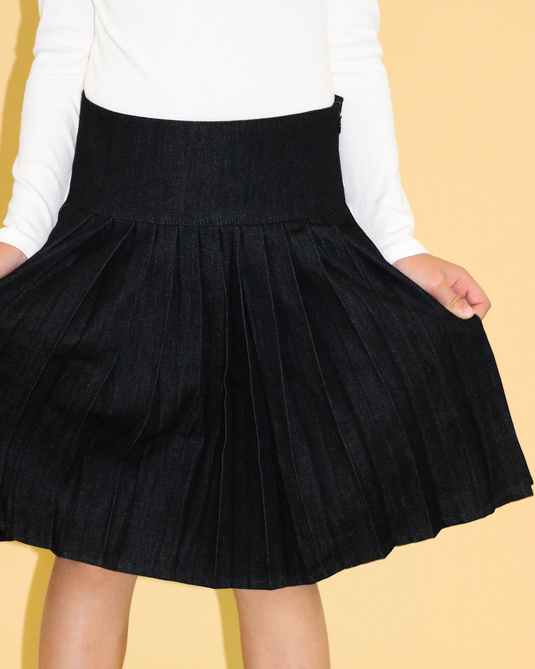 Black Denim Pleated Skirt