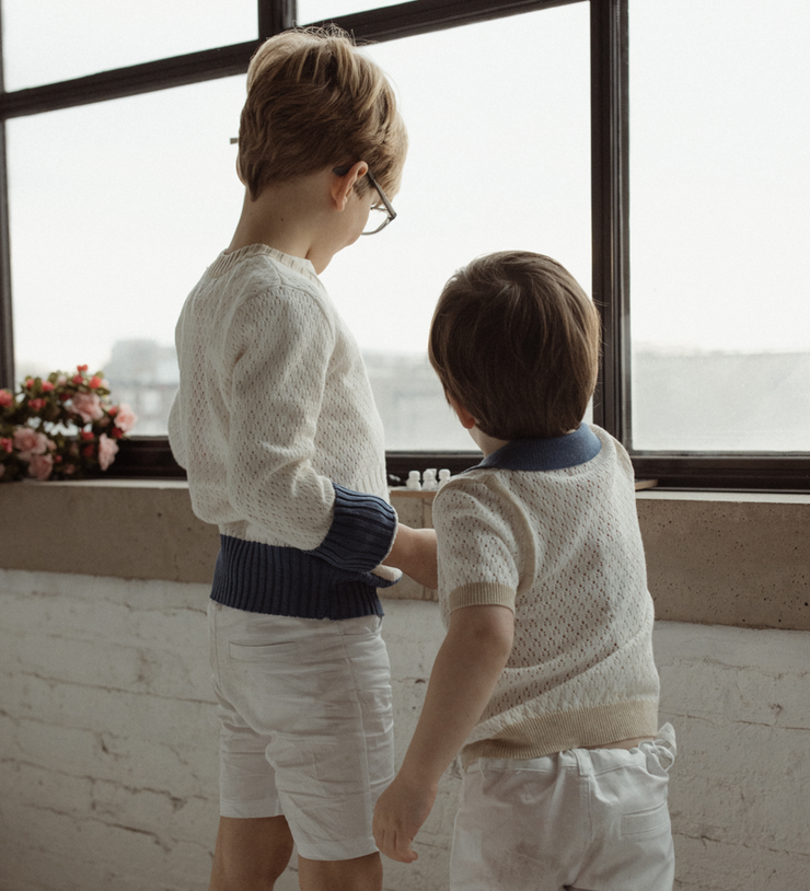 Two Tone Blue Short Sleeve Sweater